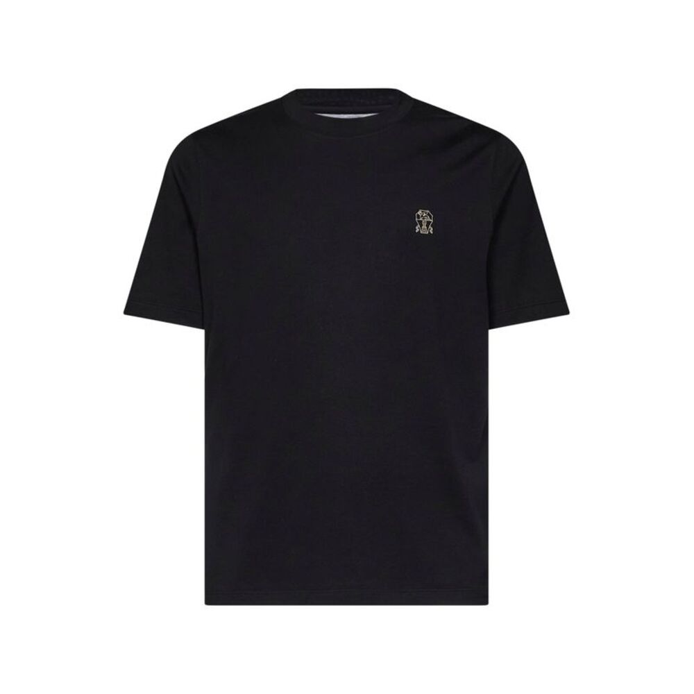 Brunello Cucinelli Men Black Cotton Jersey Logo Crewneck T-Shirt
